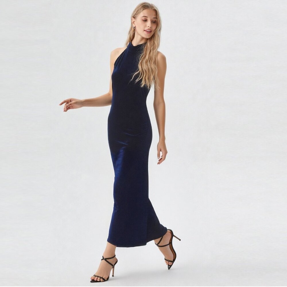 Vintage ALGO 90s Velvet Long Evening Formal Dress Stretch Navy Blue Open Back